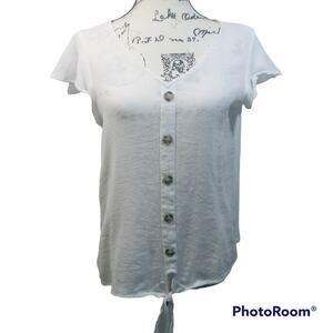 Flower & Feather White Gauzy Button Up Tie Front Blouse L